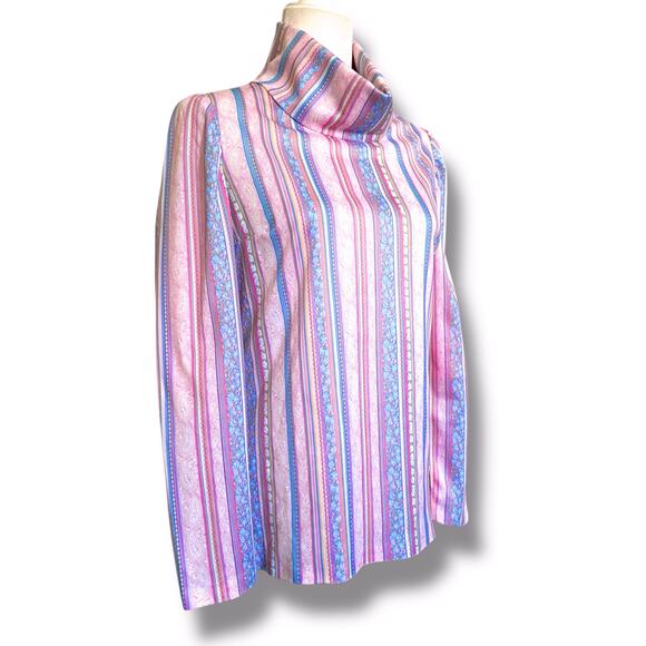 VNTG 70s Handmade Turtle Neck Top Sz S/M Pink Floral Stripe Indie Funky - Picture 7 of 10